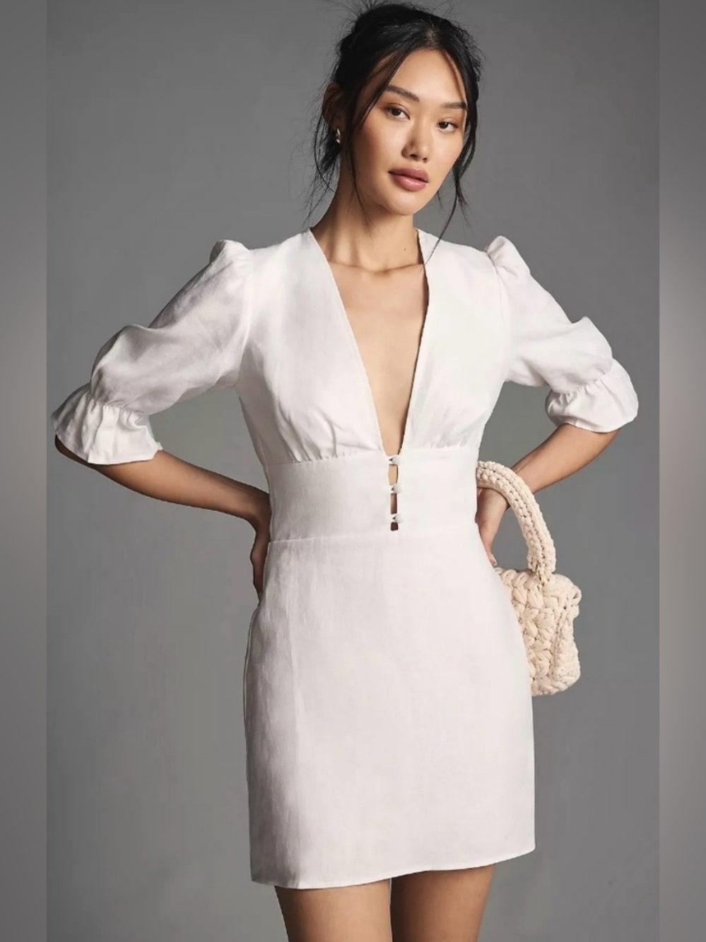 Reformation Simi Linen White Deep V-Neck Puff Sleeve Mini Minimalist Dress